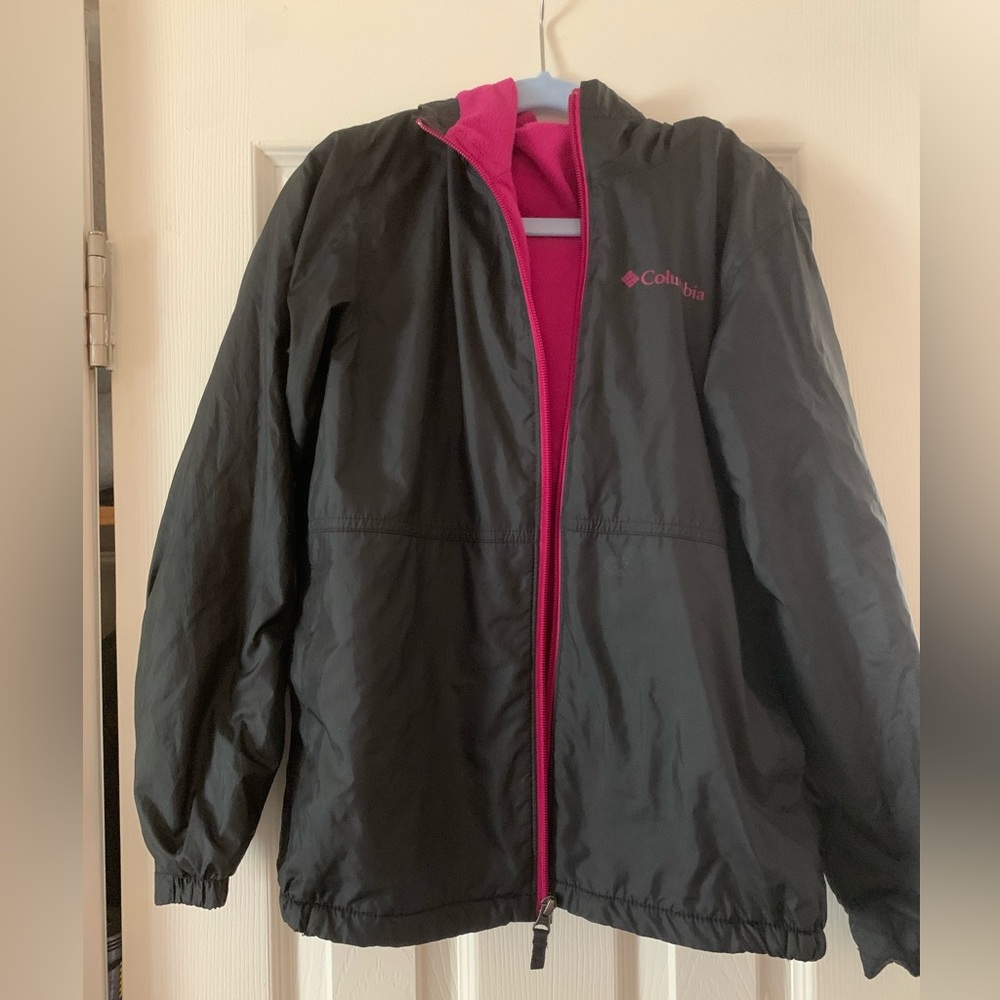 Black fleece-lined hoodie windbreaker jacket, kids’ medium (10-12)